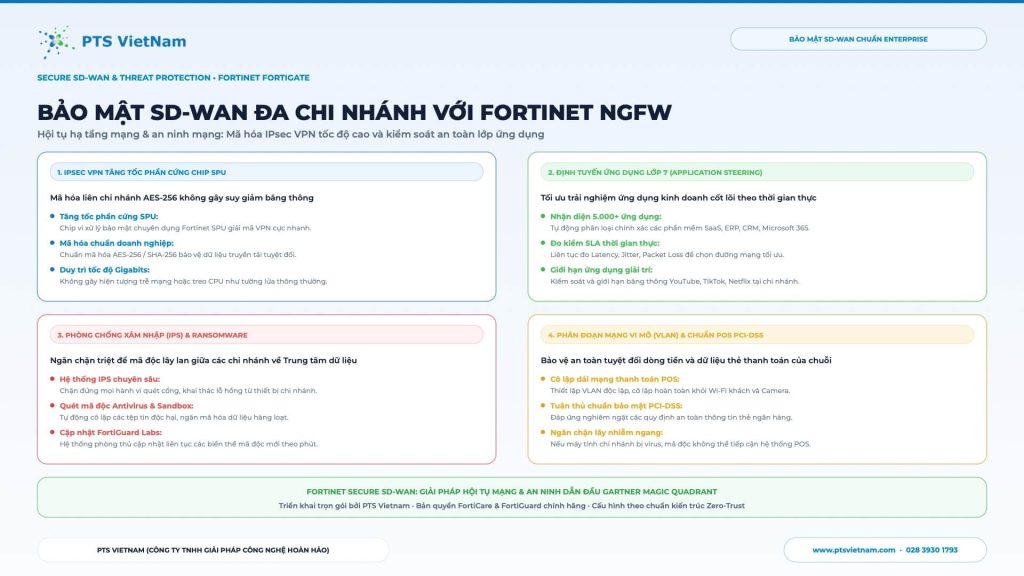 Mô hình Secure SD-WAN tích hợp tường lửa Fortinet FortiGate bảo vệ dữ liệu chuỗi chi nhánh toàn diện